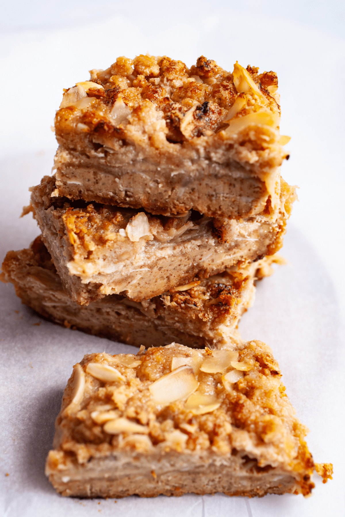Almond flour rhubarb bars stacked.