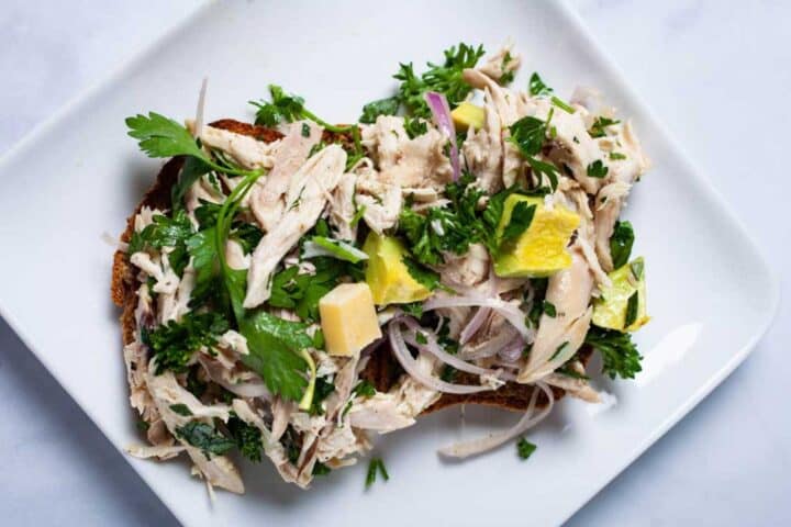 No mayo shredded chicken salad on toast.