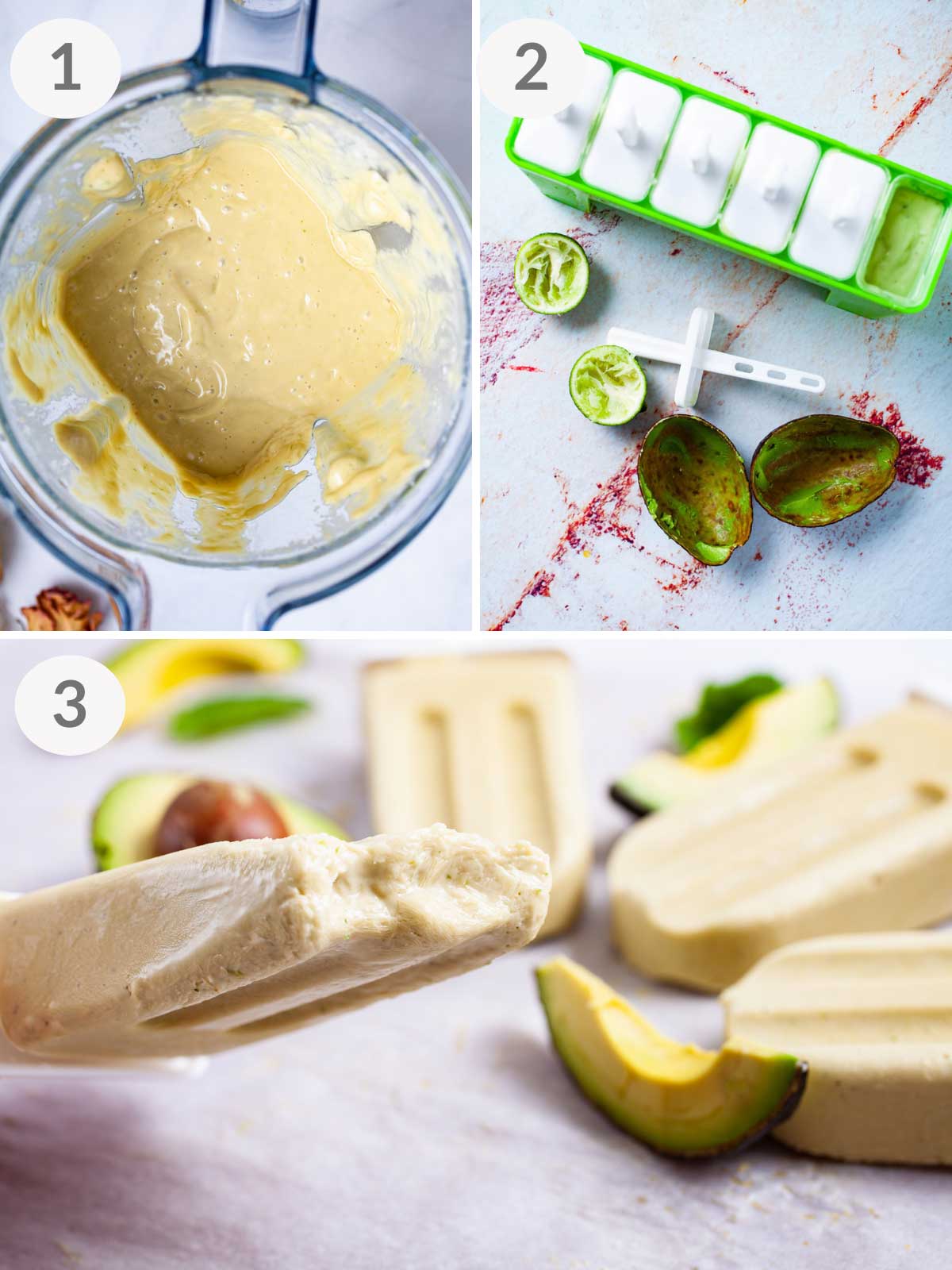 Steps to make avocado popsicles.