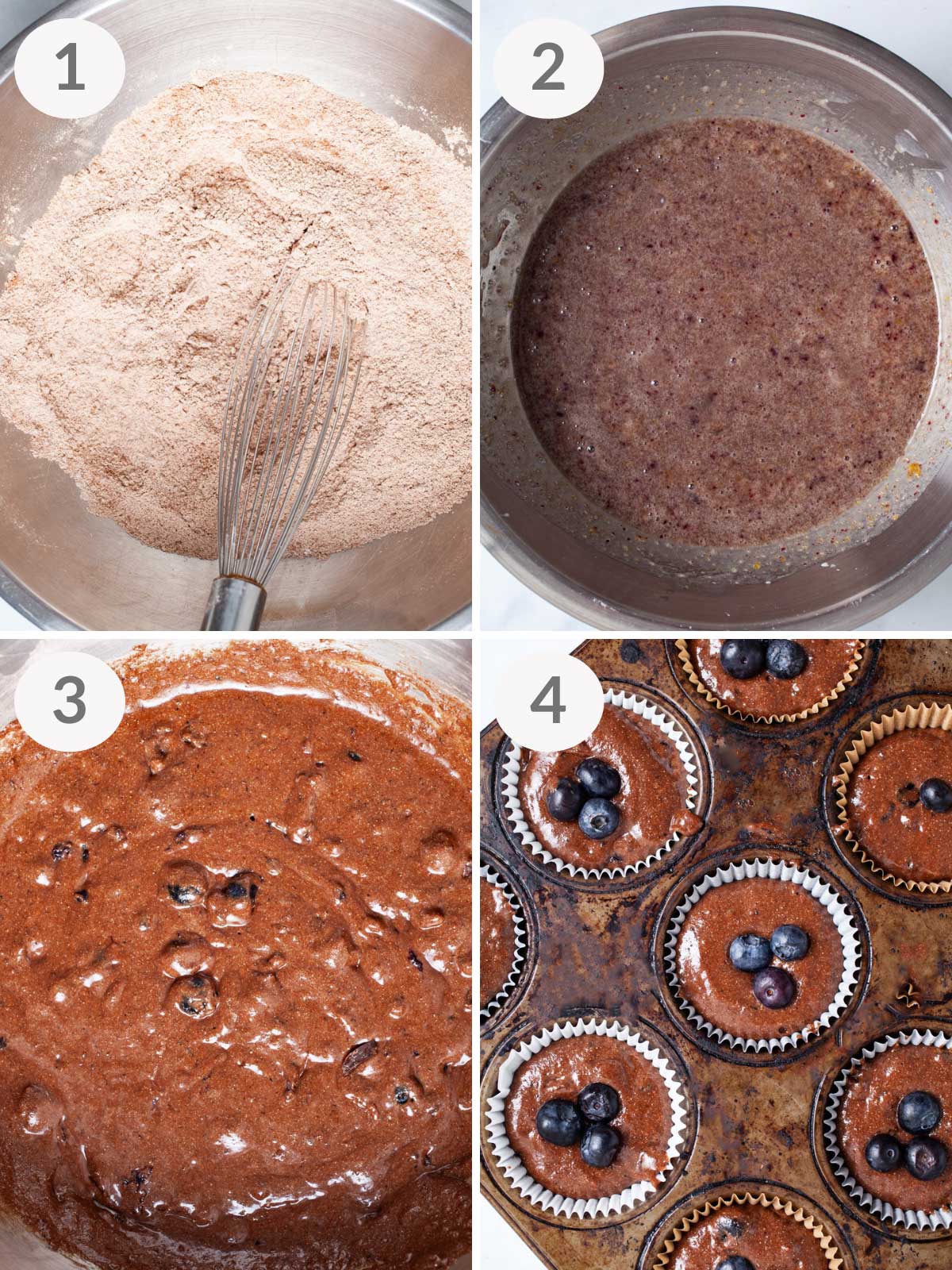 Steps to make chocolate berry muffins.