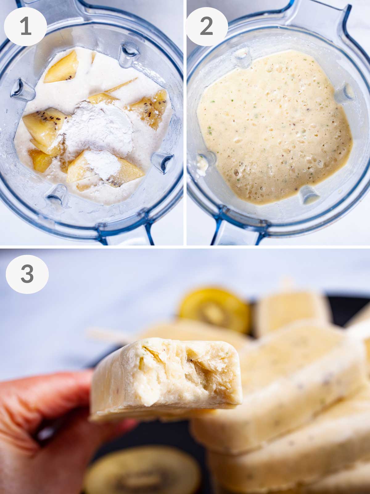 Steps showing how to make healthy kiwi fruit popsicles.