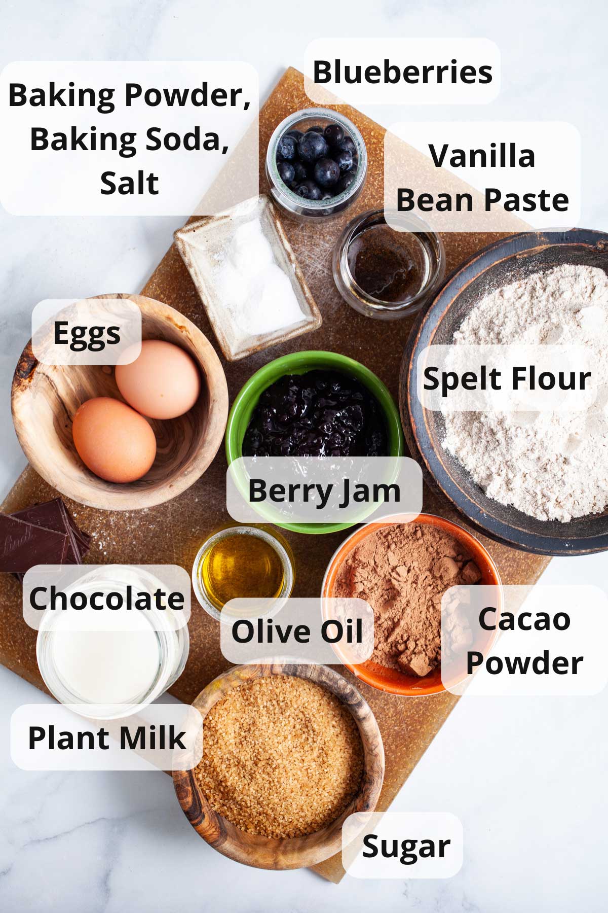 Ingredients to make chocolate berry jam muffins.