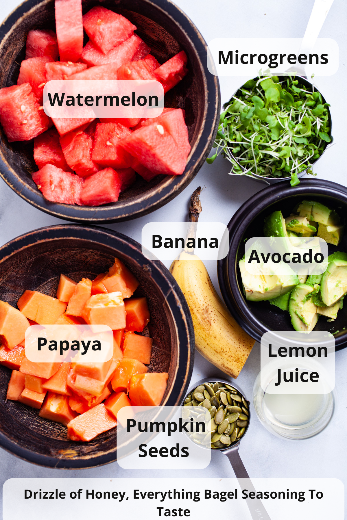 Ingredients to make a wholesome watermelon fruit salad with crunchy seeds.