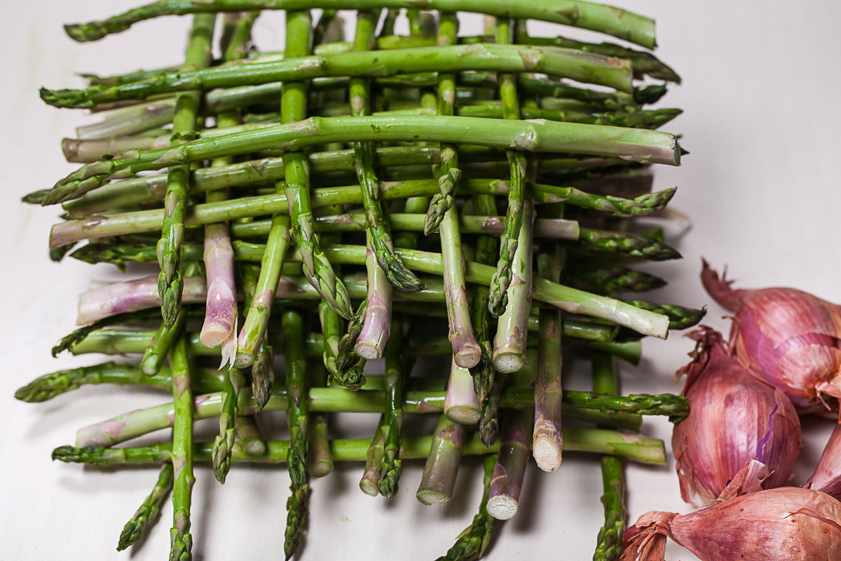 ROASTED ASPARAGUS WITH BUTTERED SHALLOTS & GARLIC SCAPES