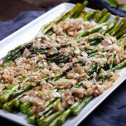 ROASTED ASPARAGUS WITH BUTTERED SHALLOTS & GARLIC SCAPES