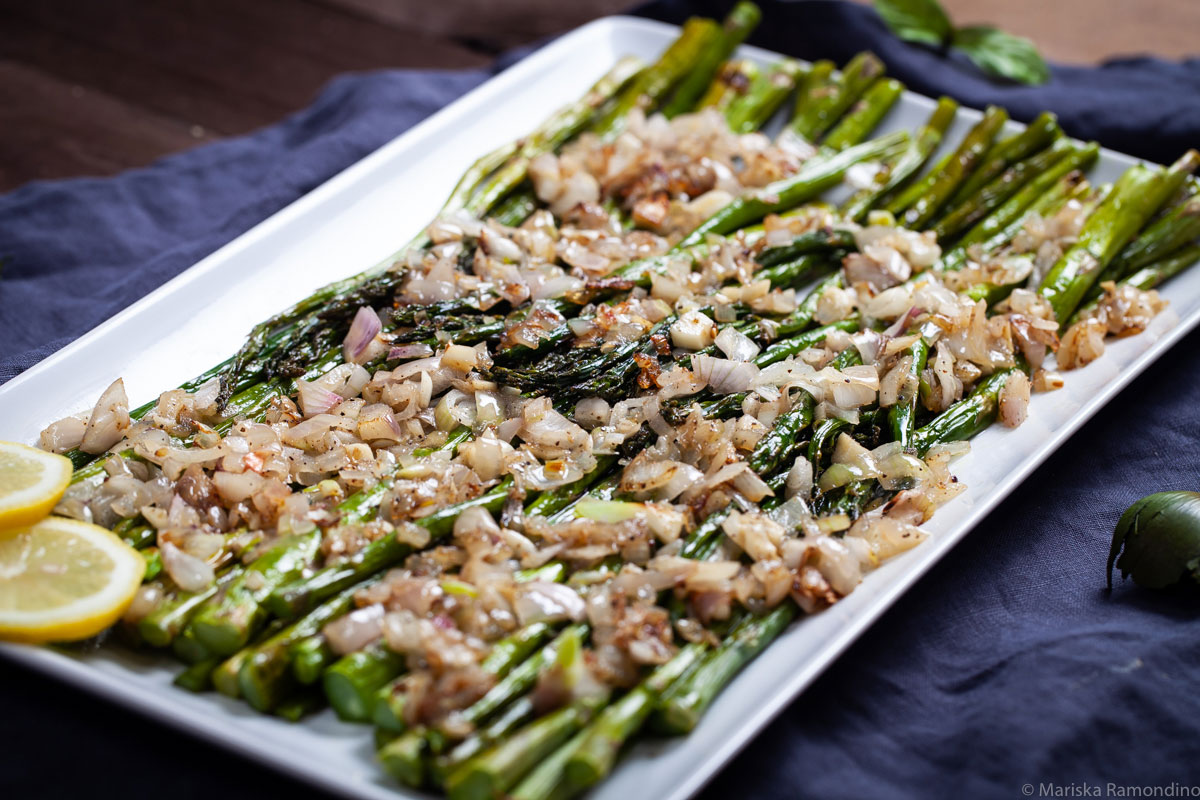 Roasted Asparagus with Buttered Shallots and Garlic Scapes