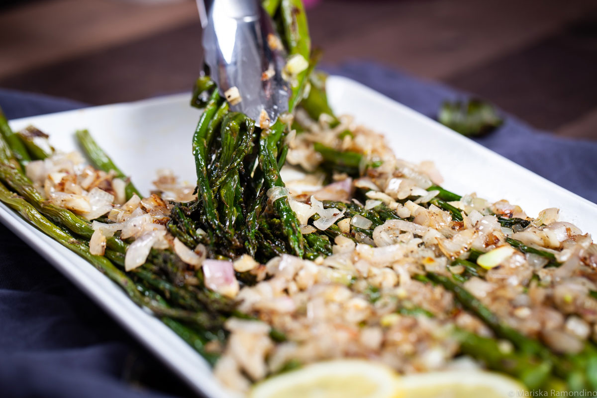 ROASTED ASPARAGUS WITH BUTTERED SHALLOTS & GARLIC SCAPES