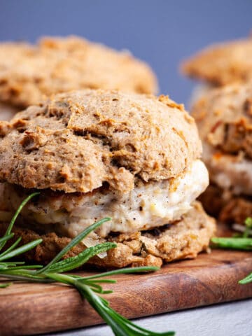 Close-up of Healthy Italian Seasoned Turkey Burgers on Biscuits