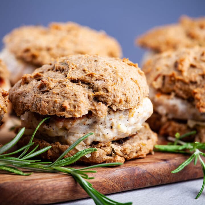 Close-up of Healthy Italian Seasoned Turkey Burgers on Biscuits