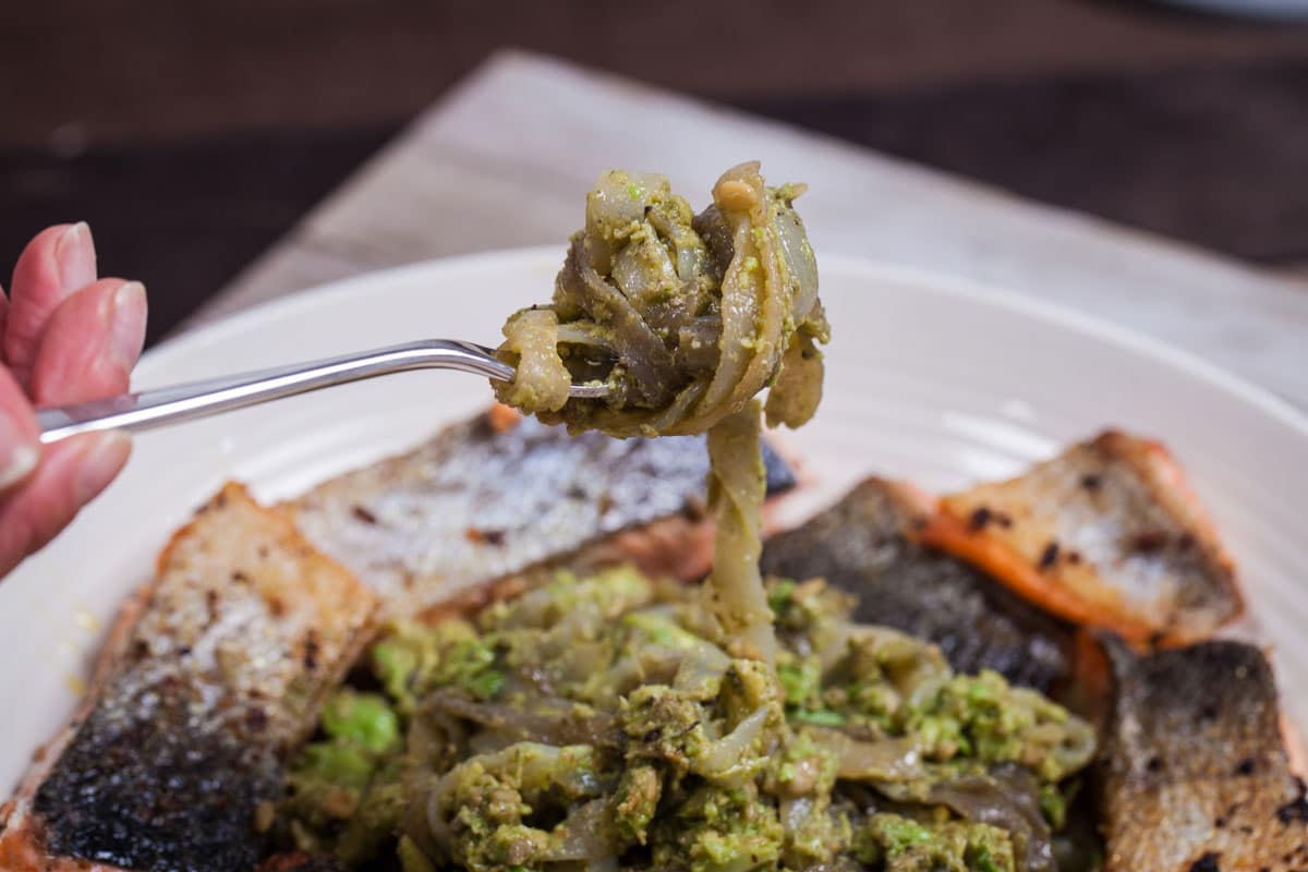 Crispy Salmon with Creamy Shirataki Noodles