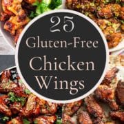 Four different gluten-free chicken wing dishes displayed.