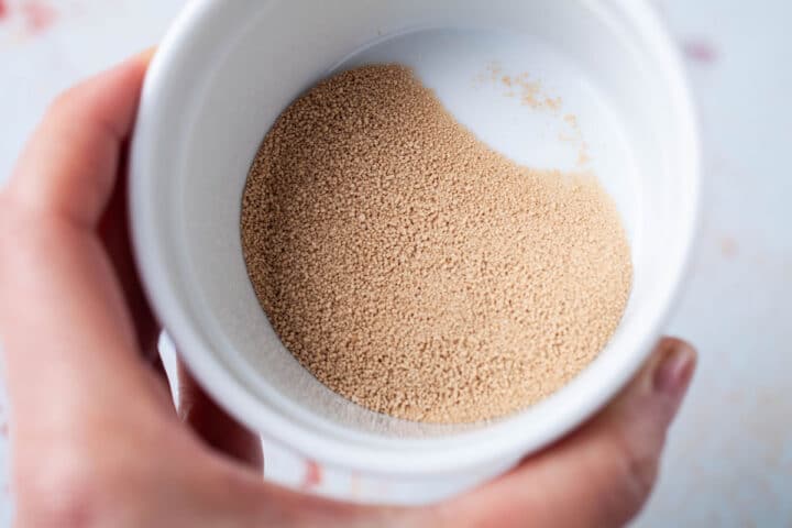 A hand holding a ramekin filled with dried yeast.