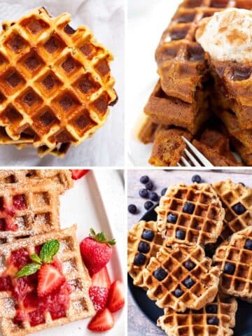 Four different types of dairy-free waffles shown.