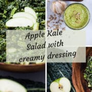 4 pictures showing a creamy kale salad and its ingredients.