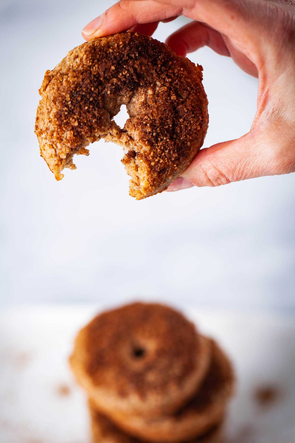 A hand holding up a cinnamon sugar-topped donut with a bite in it.