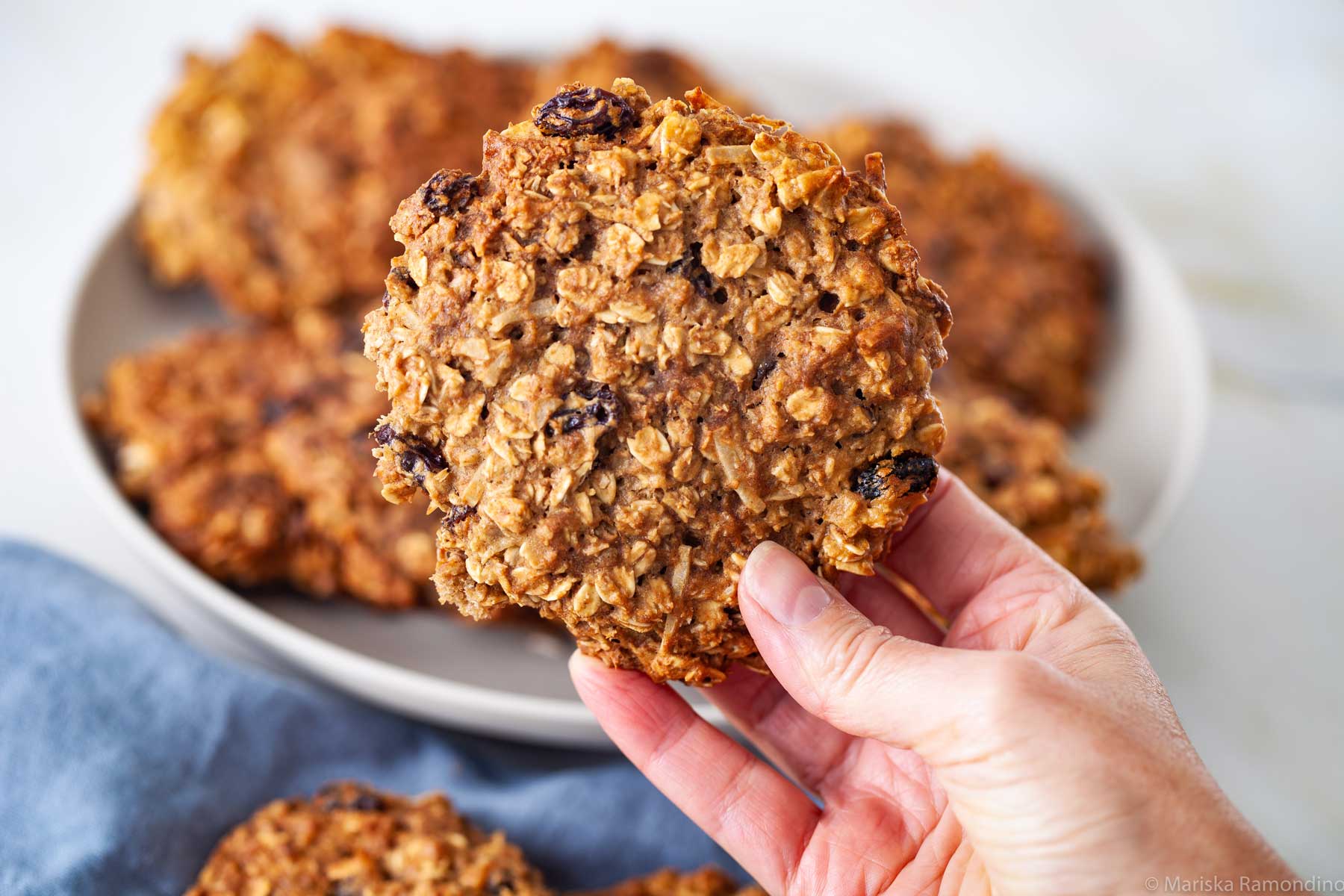 A hand holding a large healthy gluten-free oatmeal raisin cookie.