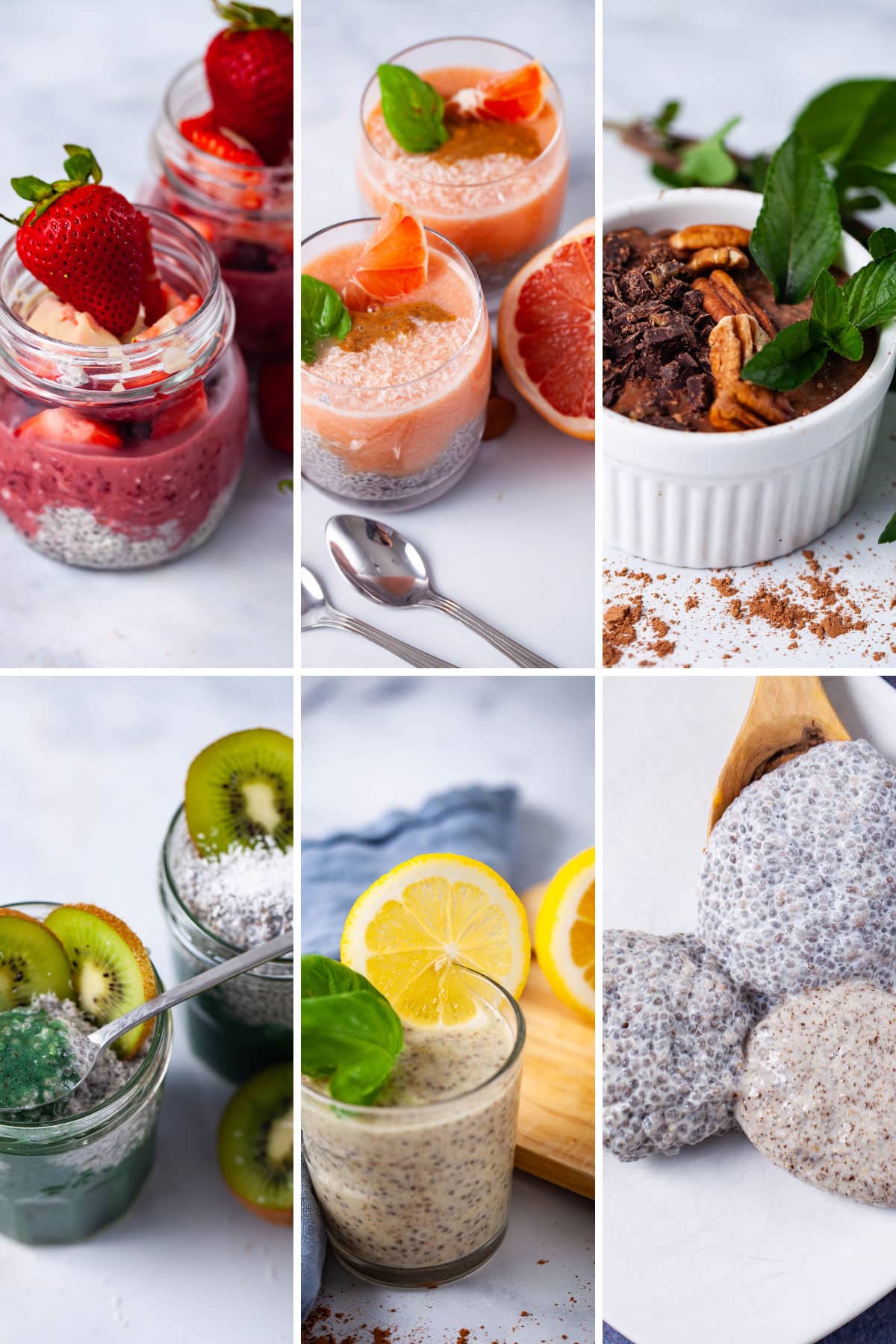 5 different chia seed flavors and three different chia seed puddings with a different thickness on a spoon.
