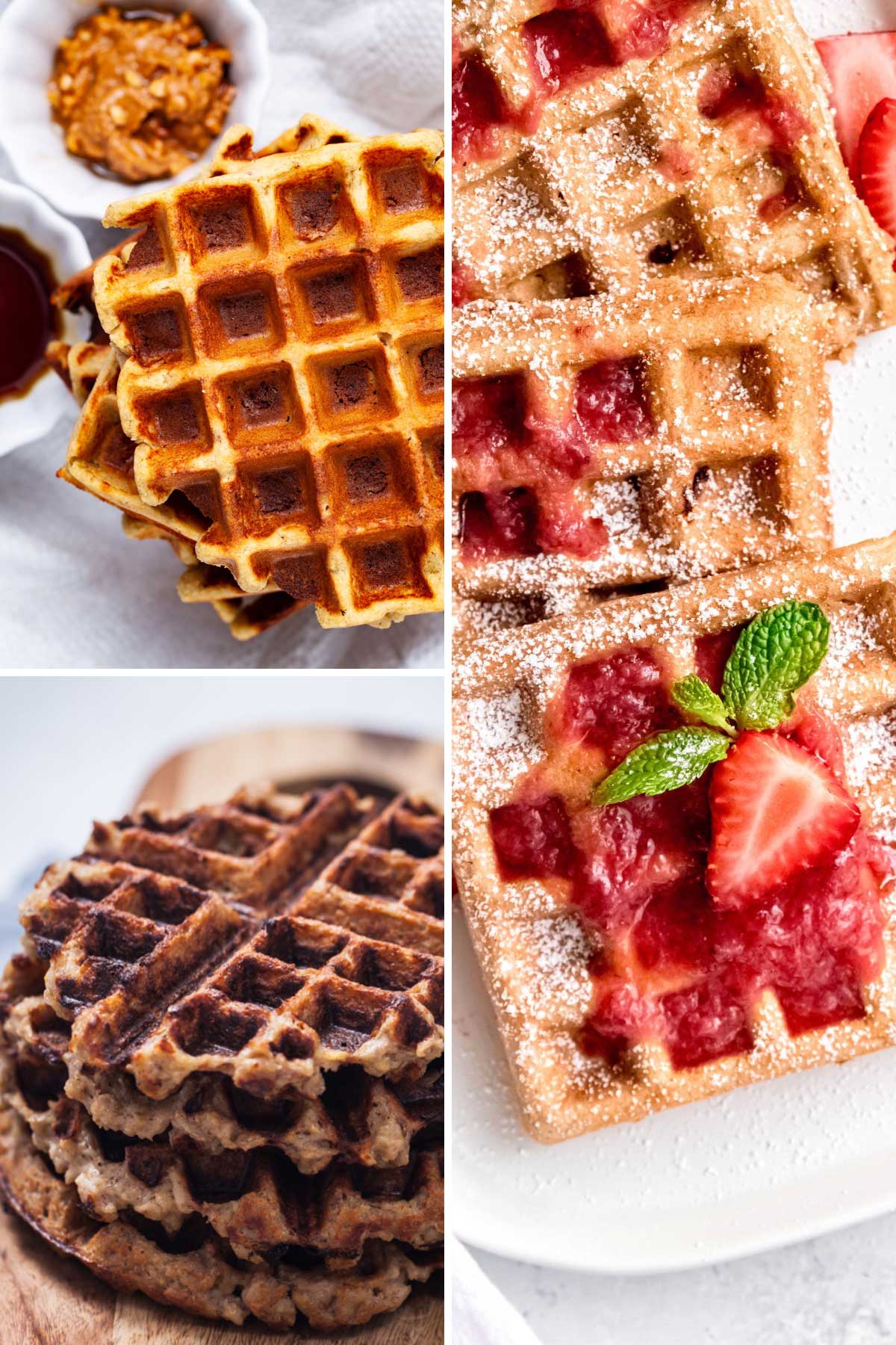 Three different types of dairy-free waffles shown.