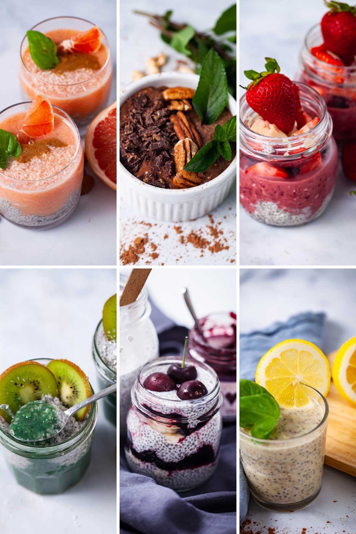 Six different types of flavored chia puddings displayed.