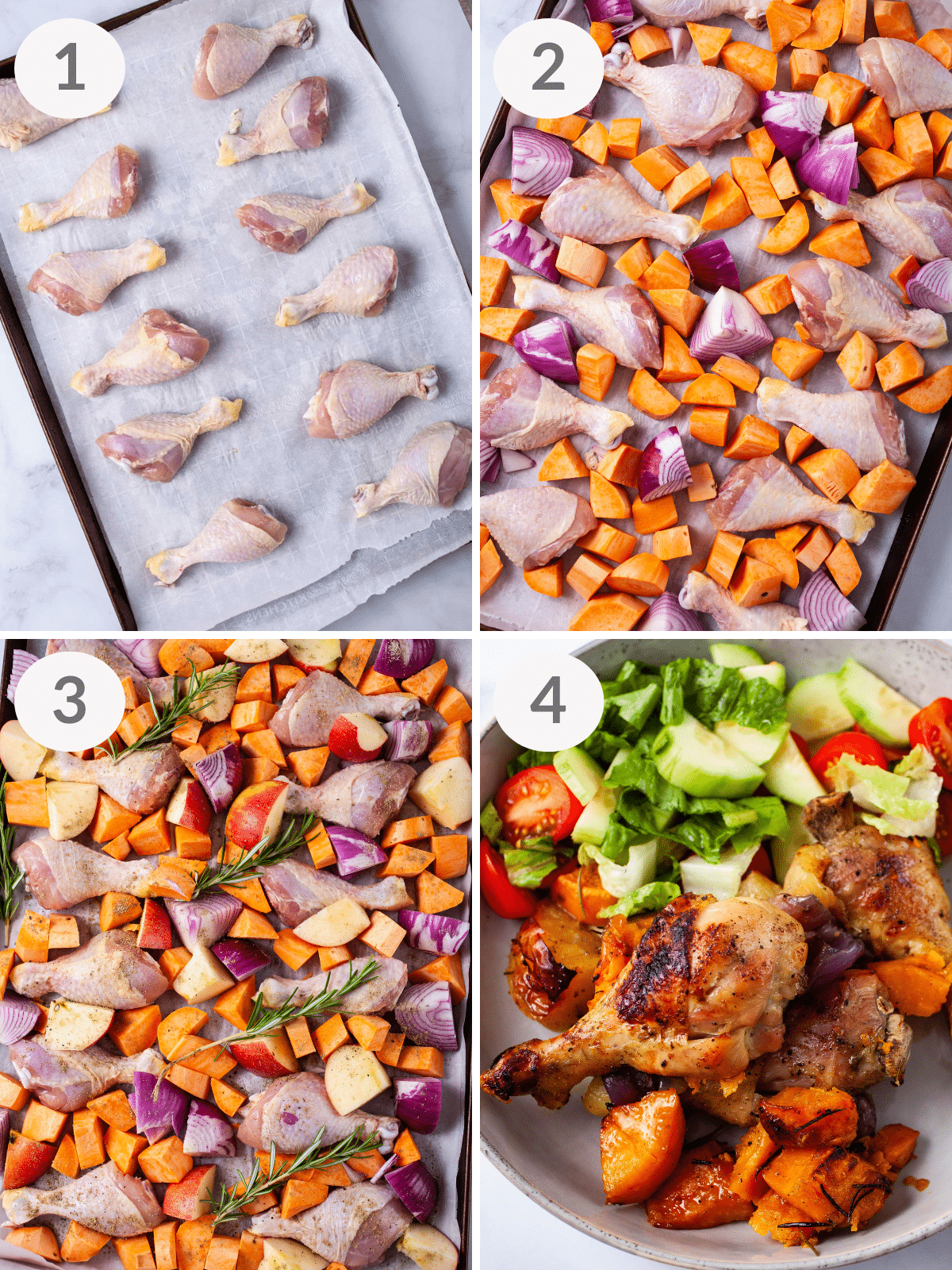 A series of steps showing how to make a sheet pan drumsticks with sweet potatoes, apples and herbs.