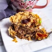 Savory meaty mug cake on a plate.