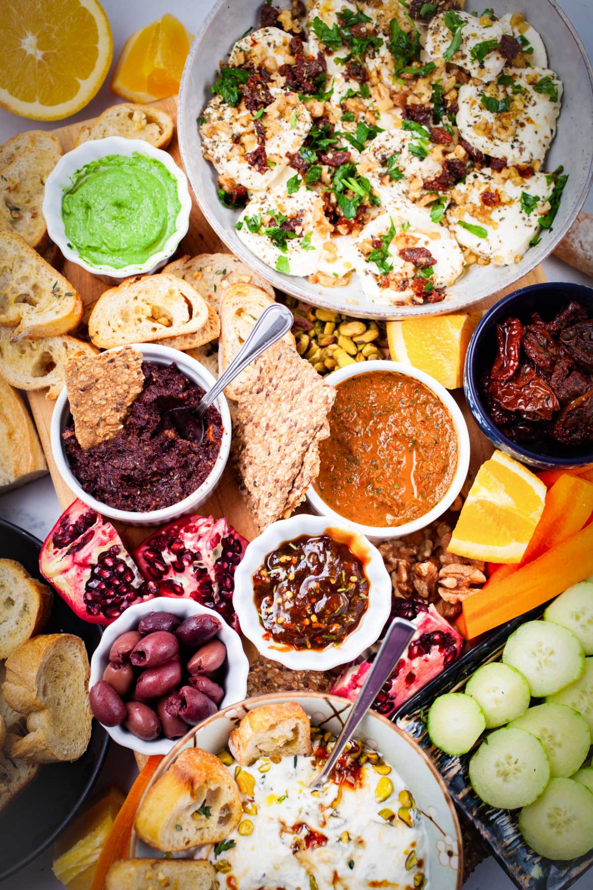 An assortment of Mezze plates on a grazing board.