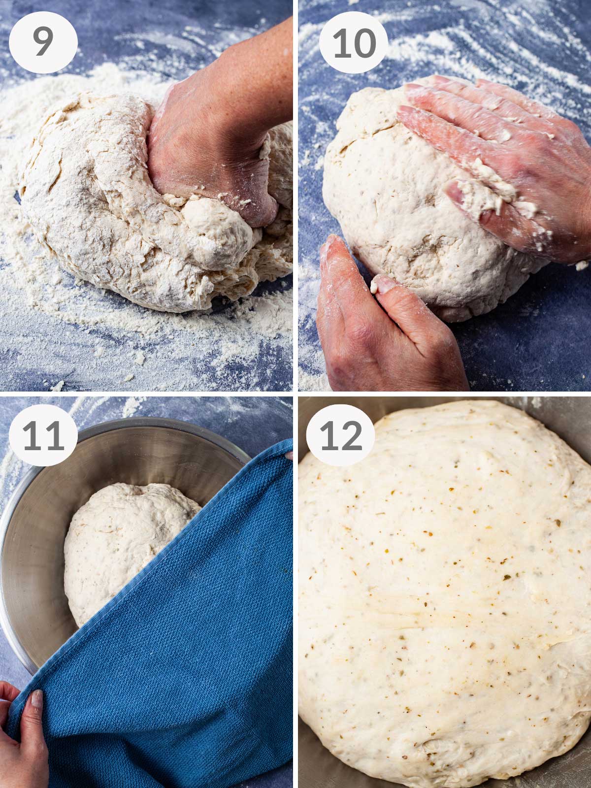 A series of steps showing how to knead pizza dough.
