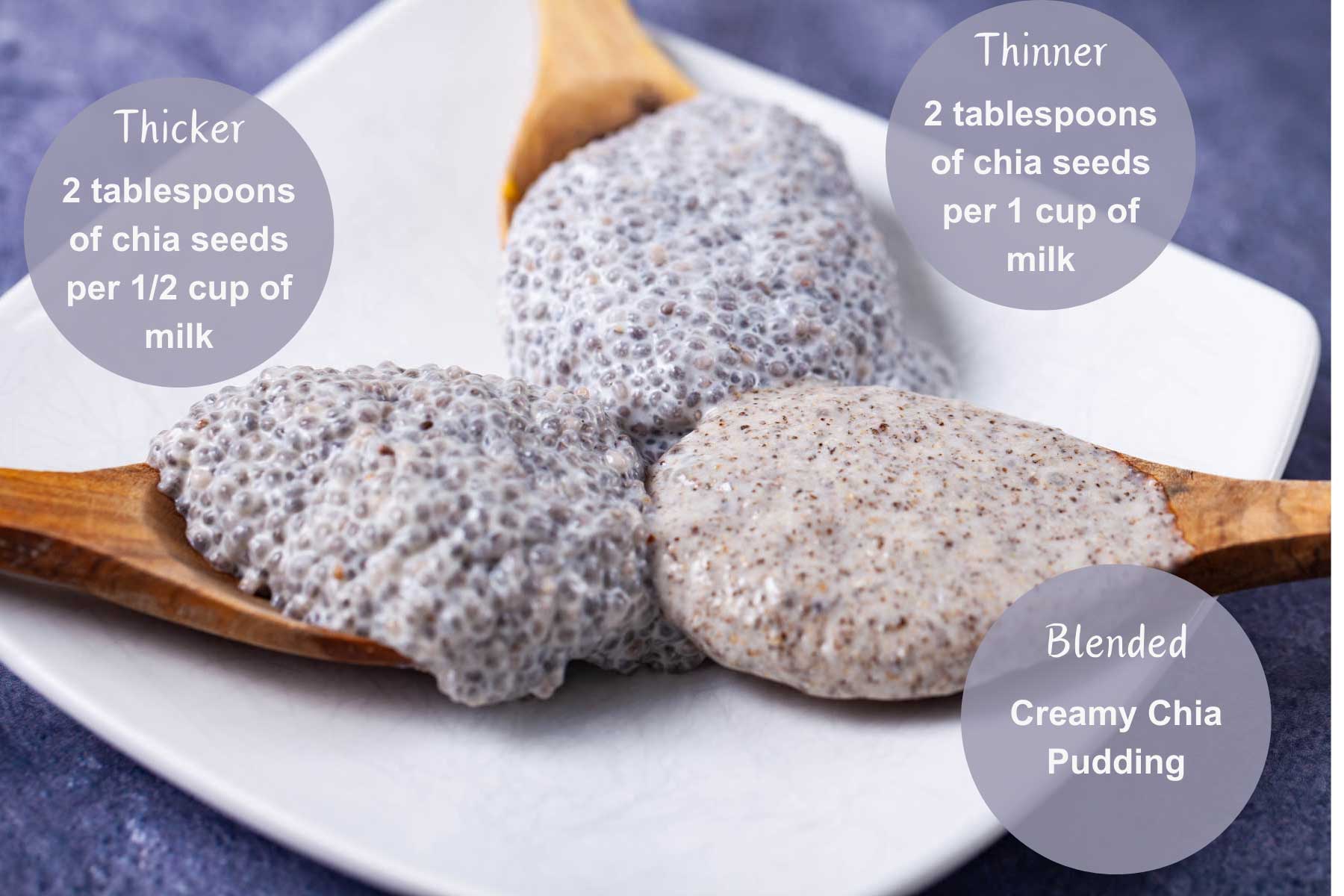 Three different kind of chia puddings from thick to thinner to blended and smooth displayed on a plate.