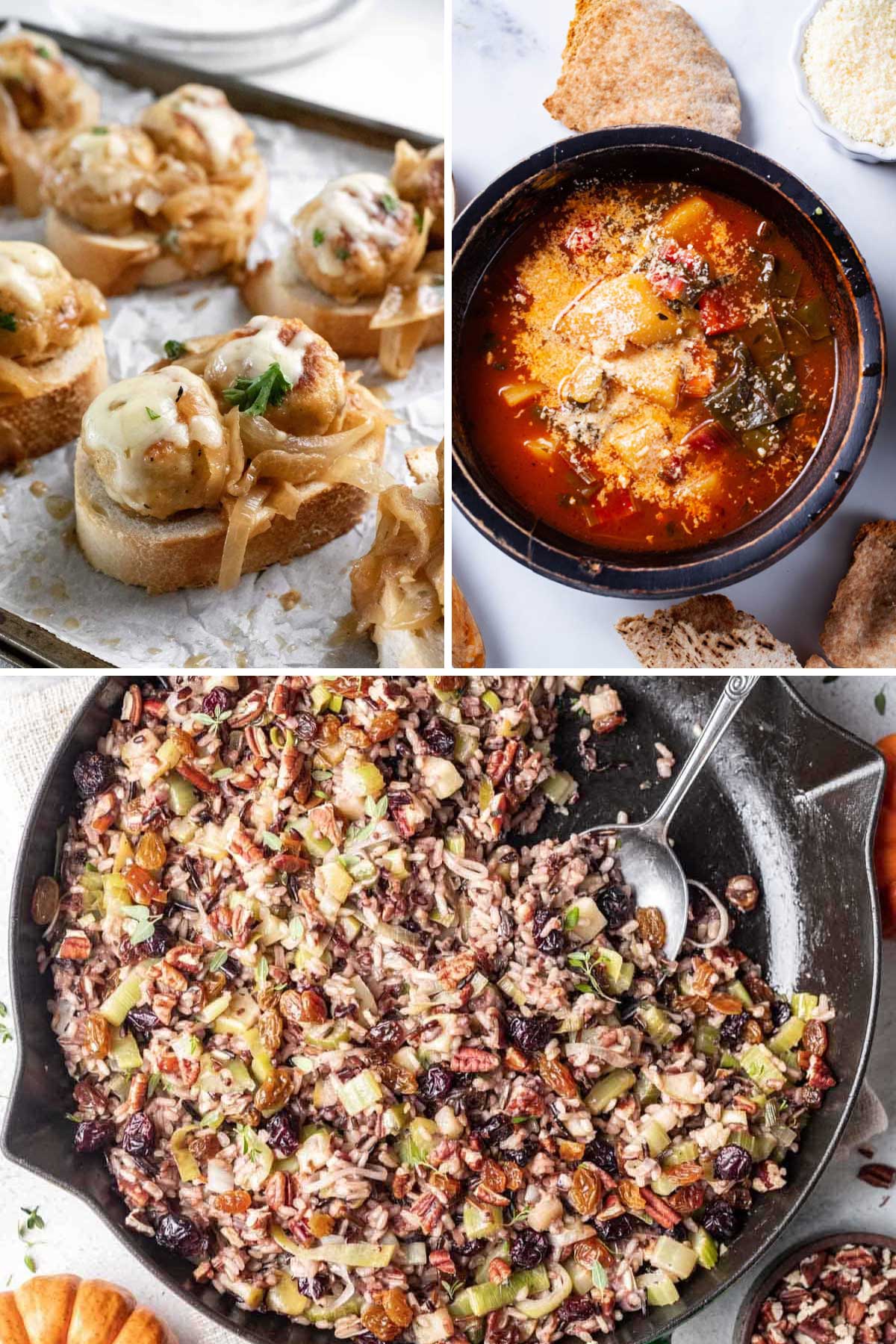 Three different dishes from meatballs, to rice, to soup made with chicken broth.