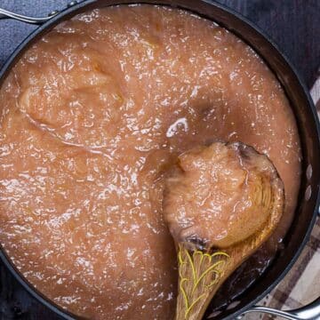 Pear rhubarb compote in a large pot.
