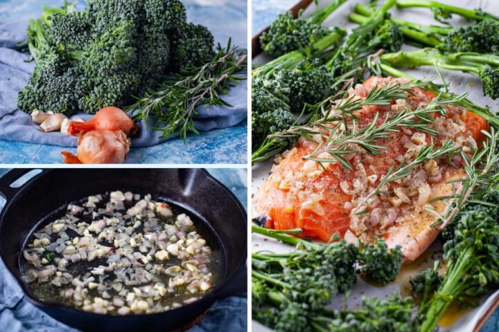 Three pics, one showing veggie ingredients (baby broccoli, shallots, garlic, thyme), one picture showing a skillet with cooked buttery onions, and one picture showing a slab of raw salmon arranged on a baking sheet, surrounded with baby broccoli and topped with cooked and buttery onions.