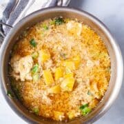 Bone broth breakfast with plantains and kelp noodles in a large pot.