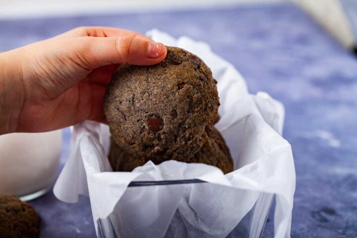 A child's hand holding up a chocolate chip cookies.