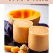 Two orange creamy drinks promoted as a healthy breakfast smoothie with cantaloupe.