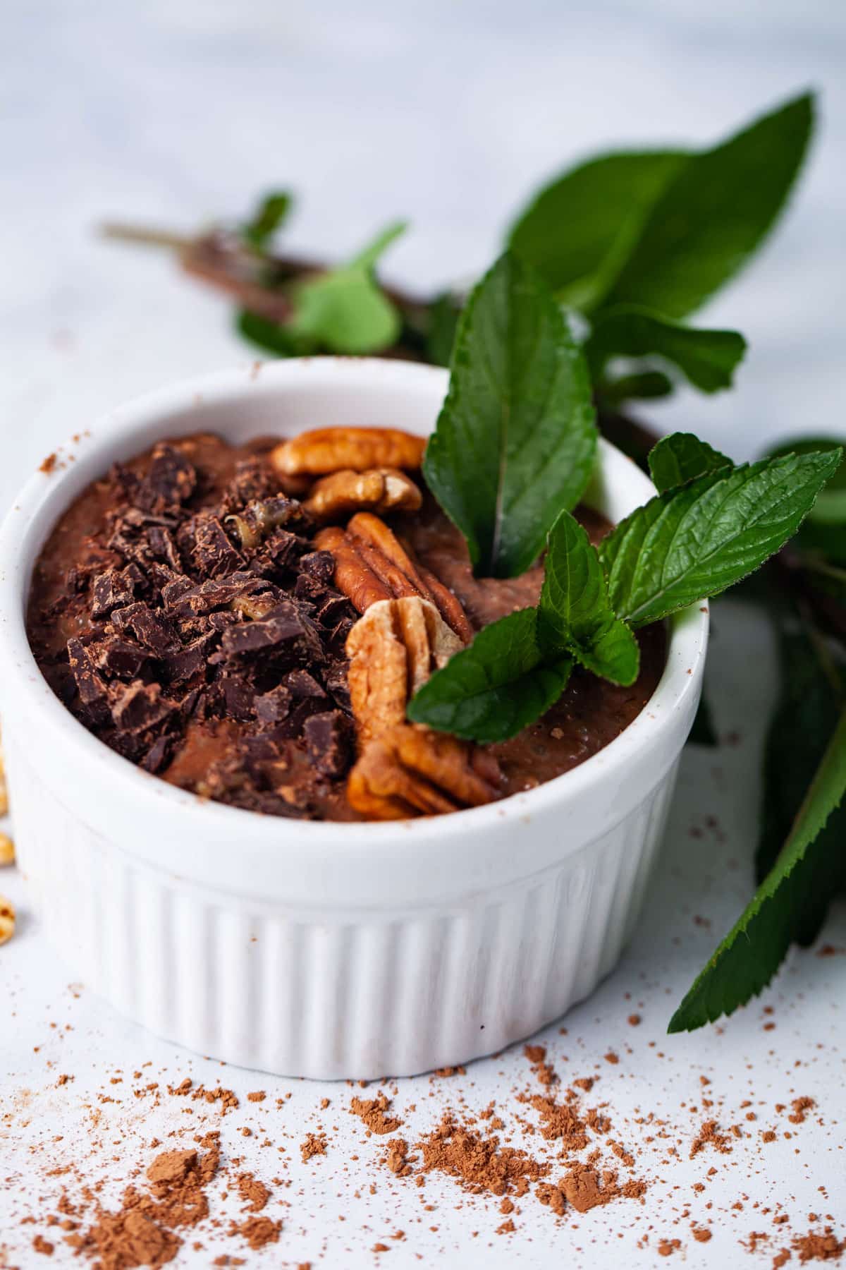 A ramekin filled with chocolate chia pudding topped with shaved chocolate, pecans, and fresh chocolate mint leaves.