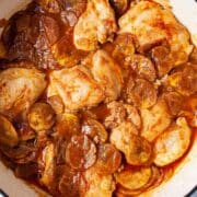 Creamy paprika chicken with plantain chips.