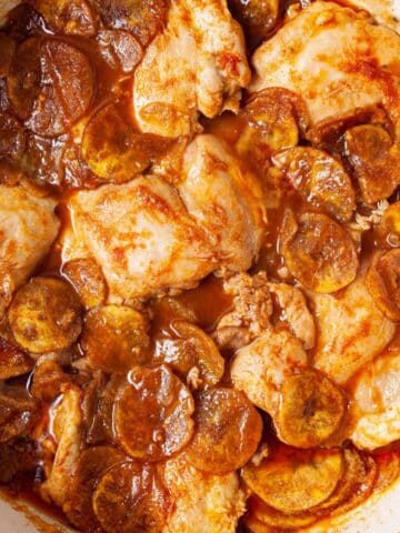 Creamy paprika chicken with plantain chips.