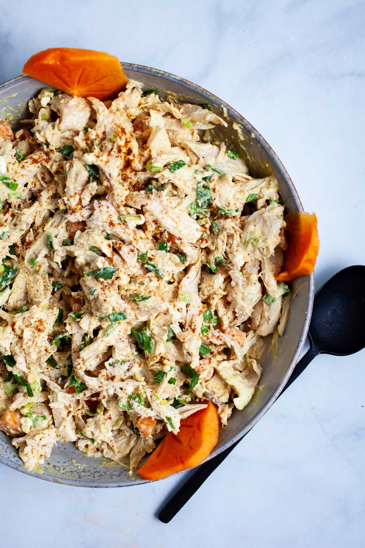 Curried chicken salad with persimmon.