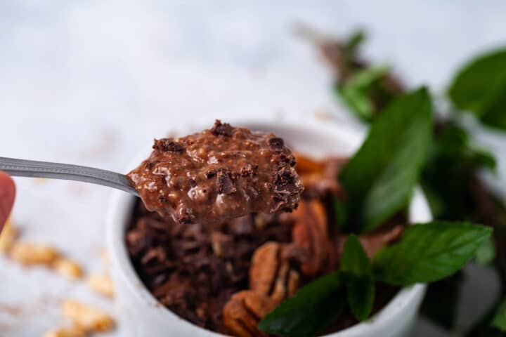 A closeup of a spoon filled with chocolate chia seed pudding and topped with chocolate bits.