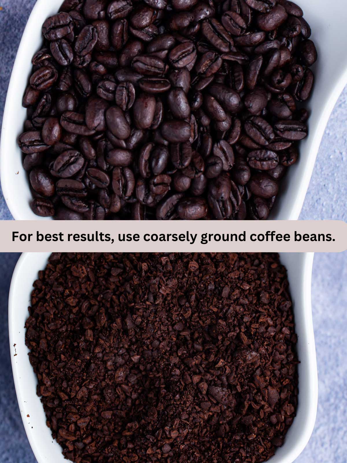 Whole roasted coffee beans and coarsely ground coffee beans in a small bowl.