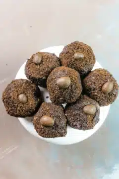 Hand rolled mocha espresso truffles in a bowl.