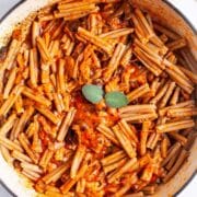 One pot with mushroom mozzarella pasta.
