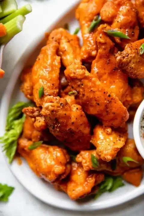 baked buffalo wings on an oval white platter with celery sticks visible at the side of the shot.