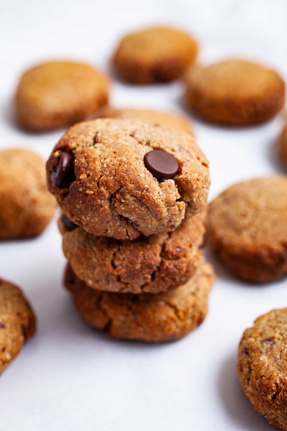 Stacked chocolate chips peanut butter date cookies.