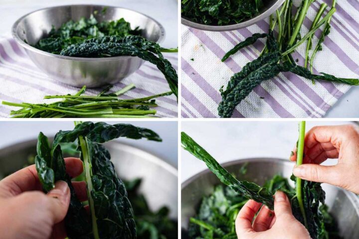 Four pictures showcasing how to tear raw kale leaves from their stems.