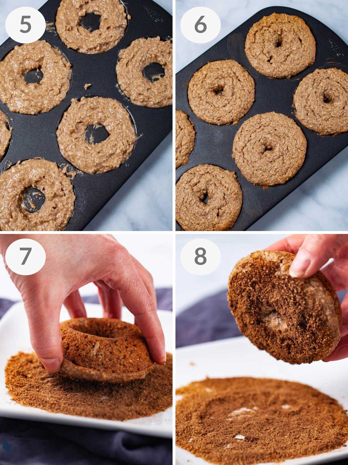 A series of steps to make gluten-free baked cinnamon donuts.