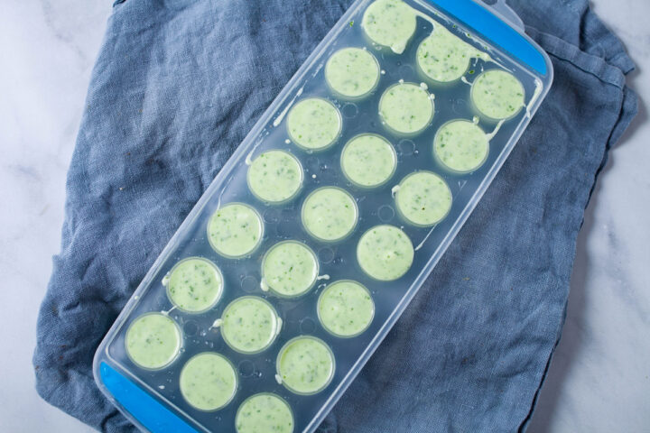 A mini ice cube tray filled with a green substance.