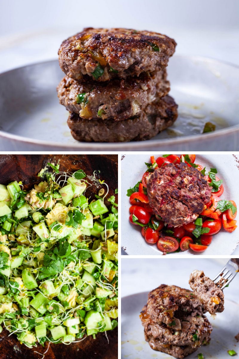 Four different pictures with three different cooked and seasoned gourmet burger recipes and salads for burgers.