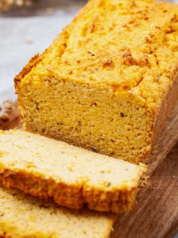 Sliced lupin bread on a table.