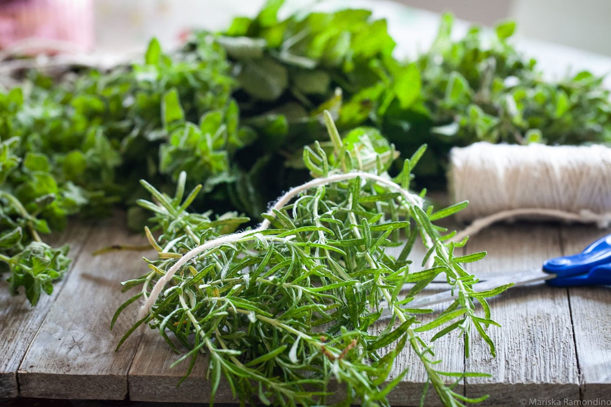 Fresh herbs on the table ready to be dried.
